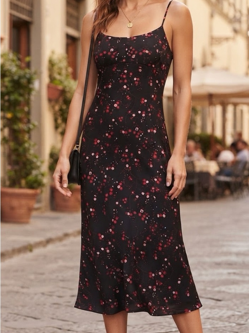 Express Black Midi Slip Dress with Red & Pink Floral Print